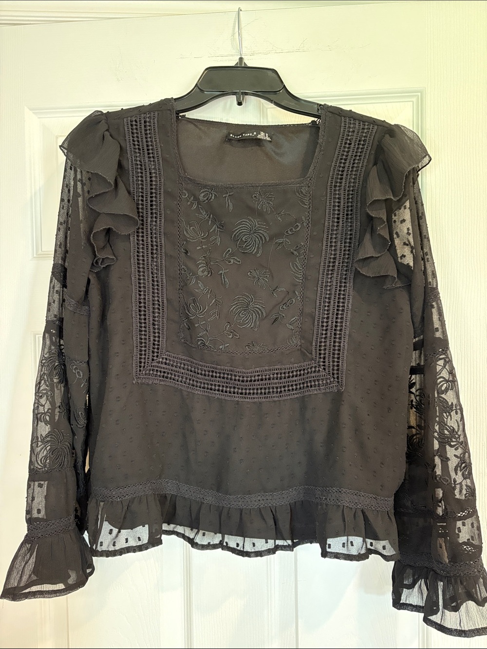Black Tape_ Black Embroidered Ruffle Sheer Blouse
